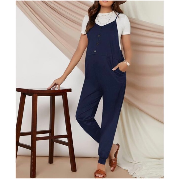 MATERNITY Black button up cami jumpsuit pocket cozy - Picture 2 of 10